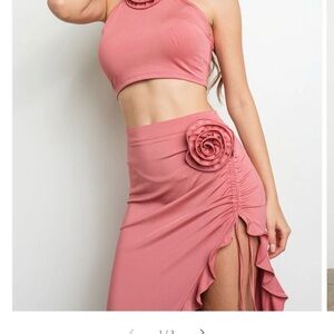 Kiwi Pink Skirt Set with Rose Detail